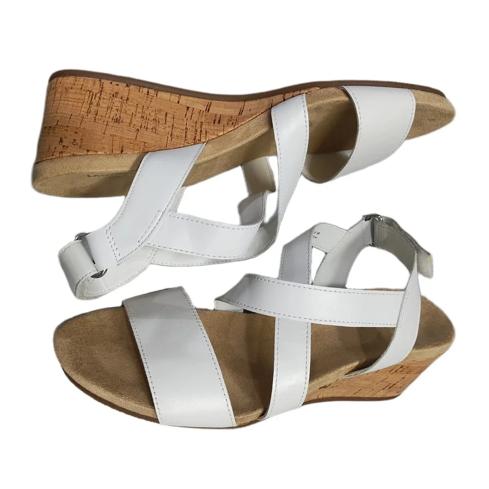 Lands' End Wedge Strappy Sandals Womens 9B White Cushioned Open Toe Hook & Loop